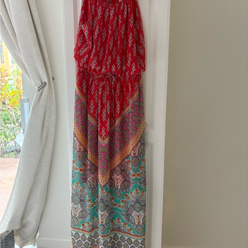 Sweet Storm Red and Teal Patterned Maxi Dress
